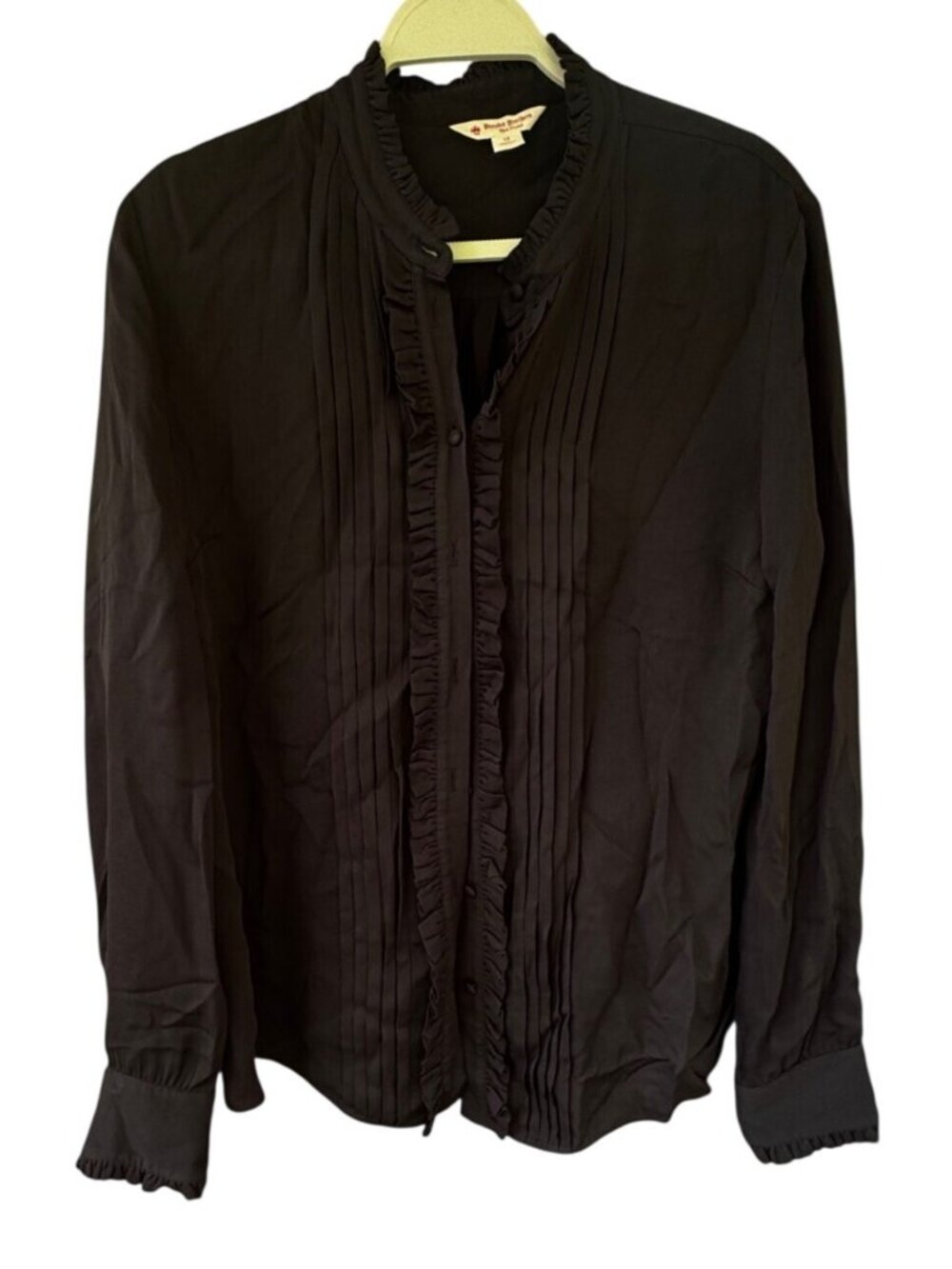 Brooks Brothers Womens Black Pleated Ruffle Front Button Up Blouse Size 12